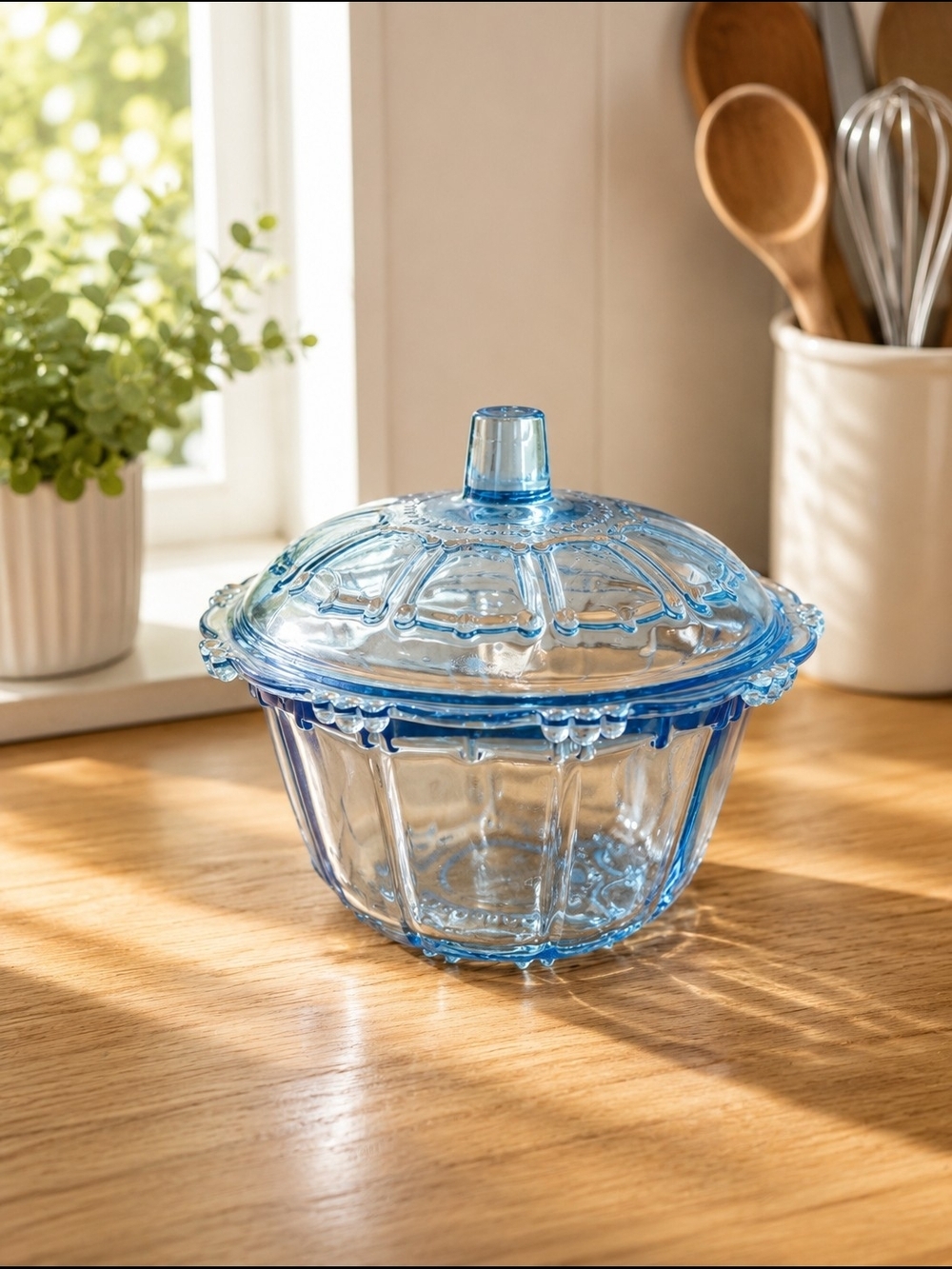 Vintage KIG Indonesia Blue Glass Lidded Candy Dish - Oyster & Pearl Pattern